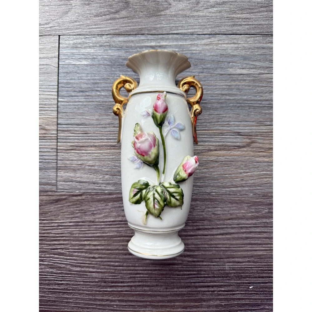Vintage White Ceramic Vase Gold Handles Pink Rose‎ Bud Embossed Floral Accent